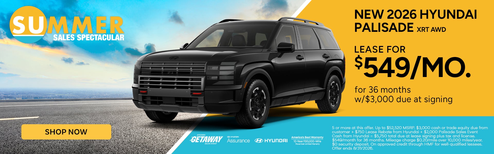 Lease the 2026 Hyundai Palisade XRT AWD for $549/m