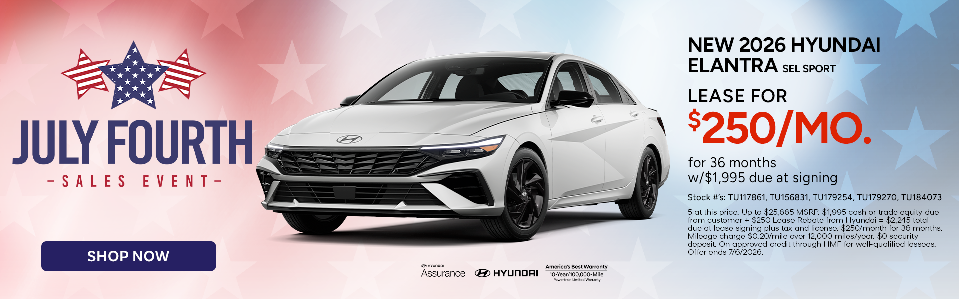 Lease the 2026 Hyundai Elantra SEL Sport for $250/mo.