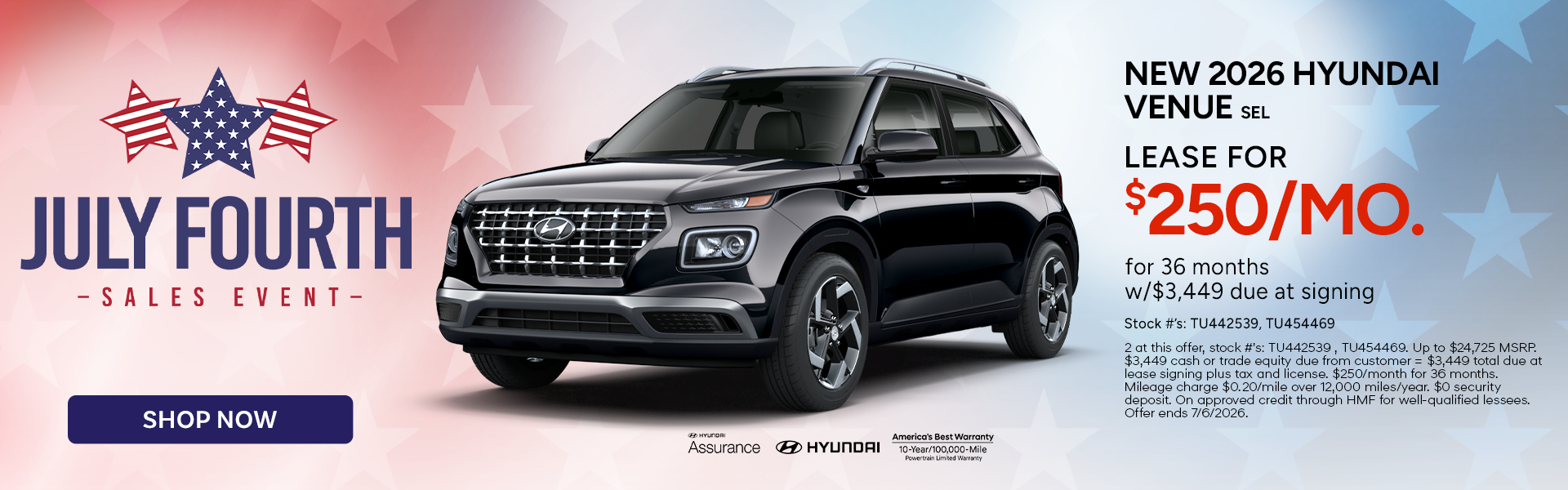 Lease the 2026 Hyundai Venue SEL for $250/mo. for 36 months