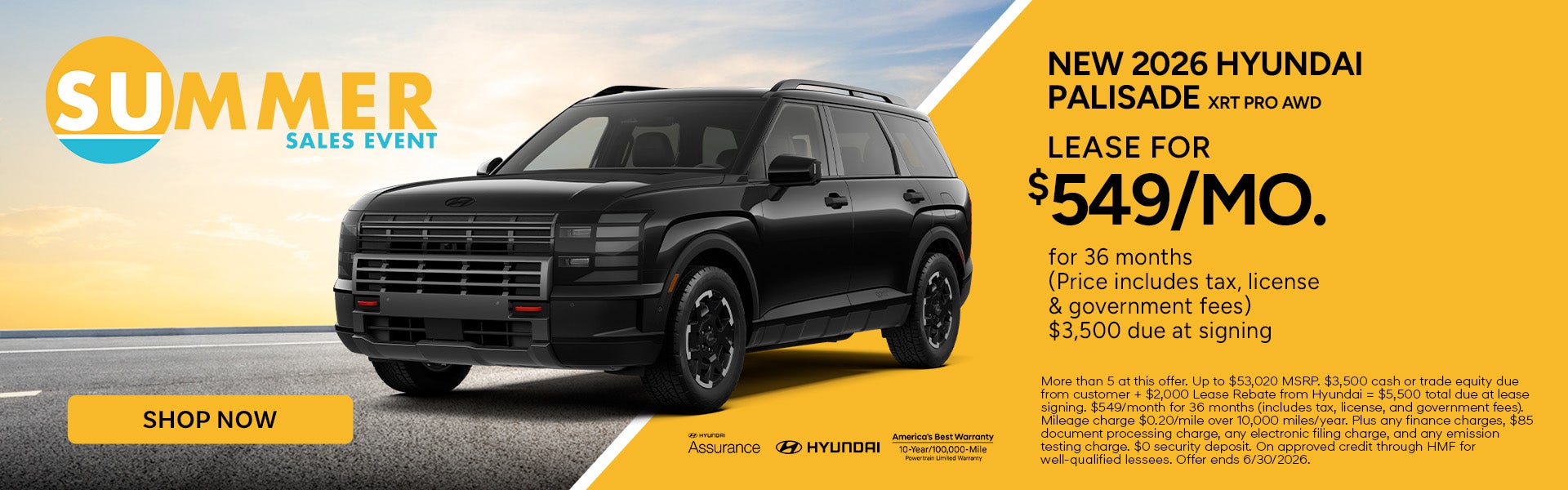 Lease the 2026 Hyundai Palisade XRT Pro AWD for $549/mo.