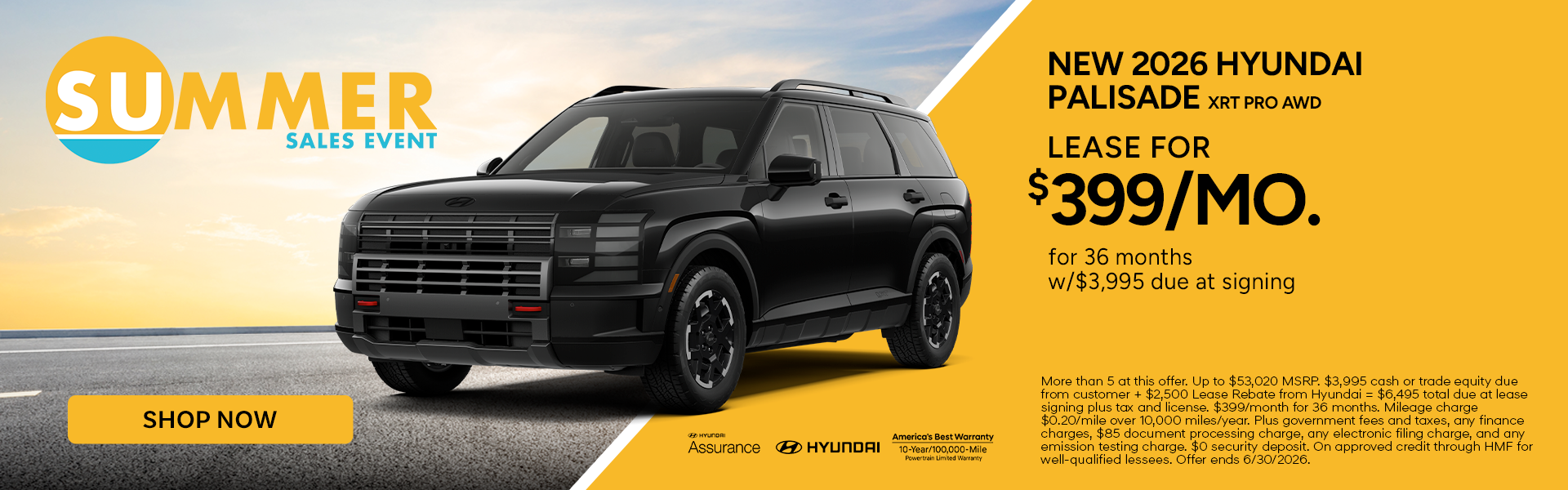 Lease the 2026 Hyundai Palisade XRT Pro AWD for 399/mo. 