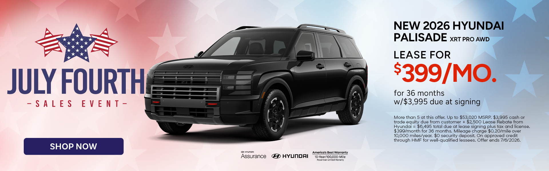 Lease the 2026 Hyundai Palisade XRT Pro AWD for 399/mo. 