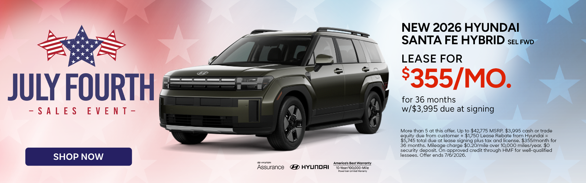 Lease the 2026 Hyundai Santa Fe Hybrid SEL FWD for $355/mo.