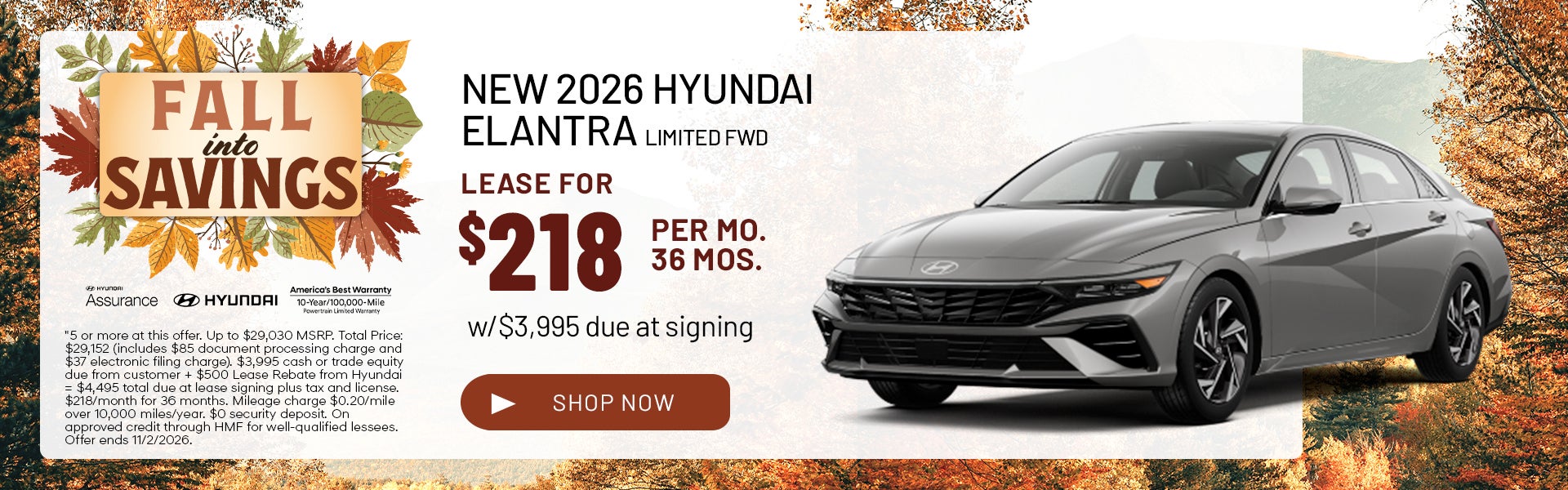 Lease the 2026 Hyundai Elantra Limited FWD for $218/mo.