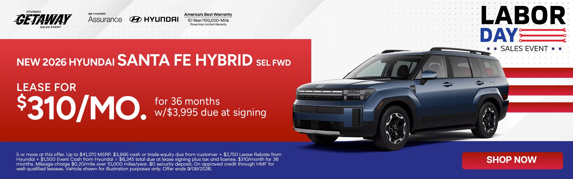 Lease the 2026 Hyundai Santa Fe Hybrid SEL FWD for $310/mo.