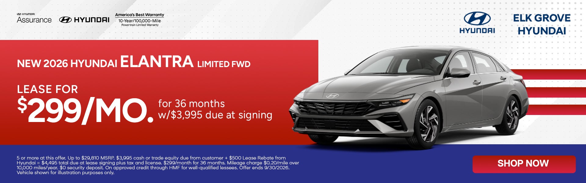 "Lease the 2026 Hyundai Elantra Limited FWD for $299/mo.
