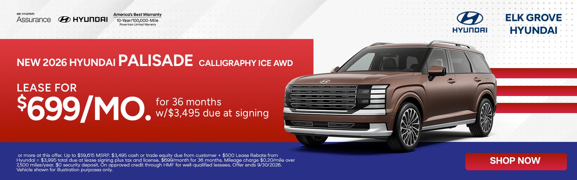 Lease the 2026 Palisade Calligraphy AWD ICE for $699/mo. 