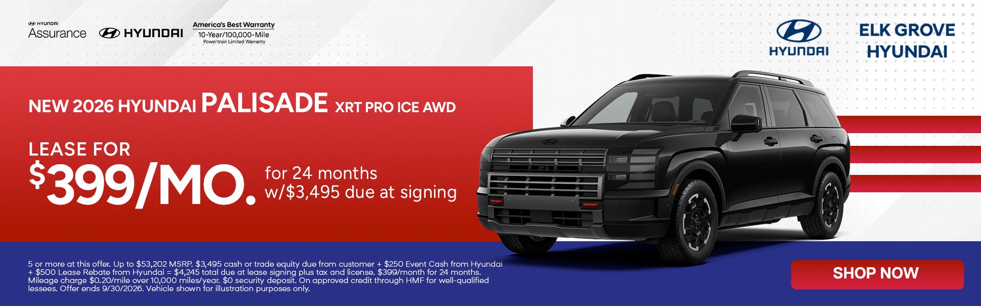 Lease the 2026 Palisade XRT PRO AWD ICE for $399/mo.