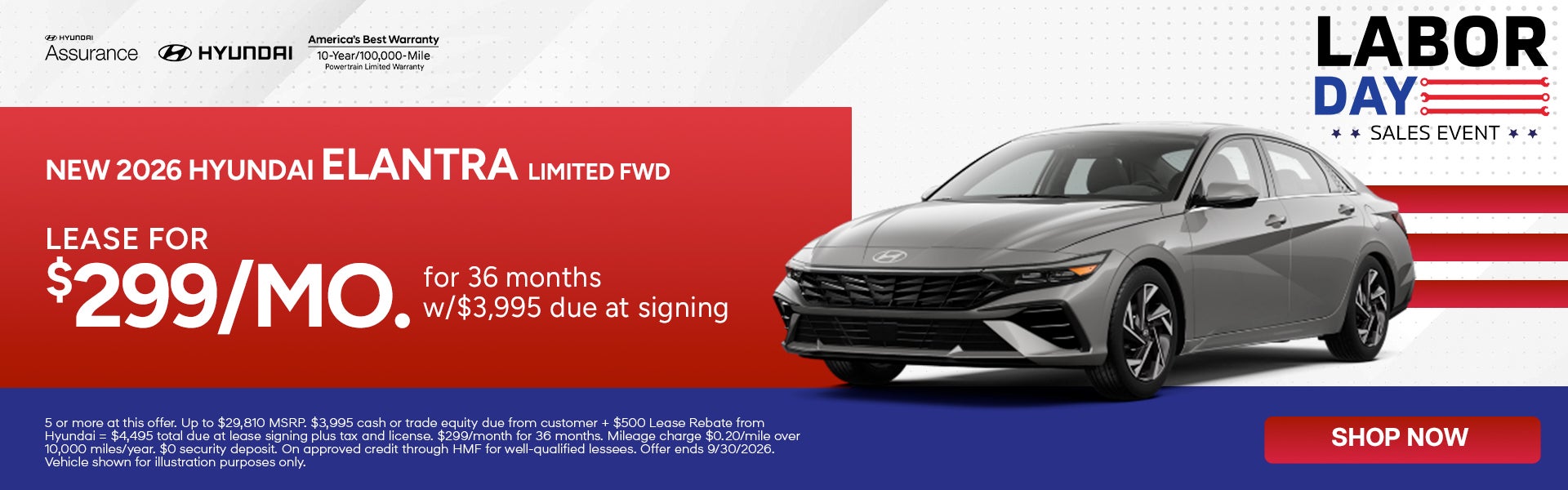 "Lease the 2026 Hyundai Elantra Limited FWD for $299/mo.