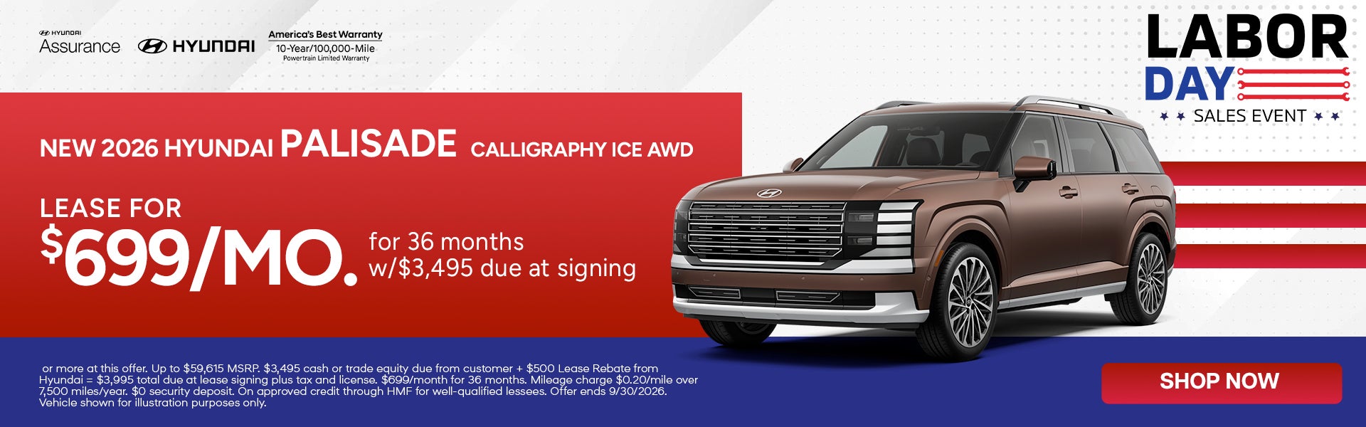 Lease the 2026 Palisade Calligraphy AWD ICE for $699/mo. 