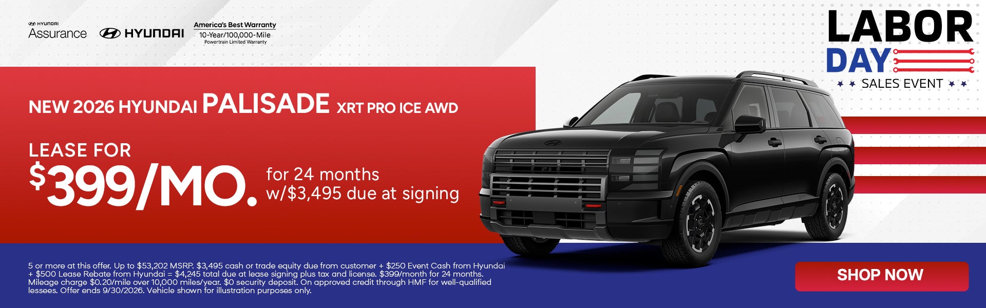 Lease the 2026 Palisade XRT PRO AWD ICE for $399/mo.